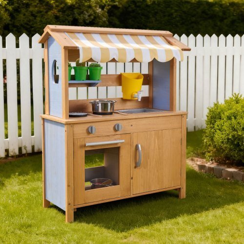 Mud Kitchen, Outdoor Mud Kitchen for Kids, Wood Outdoor Play Kitchens with Spoons, Sink, Tank, Sunshade Canopy, Shovels, Cookware Pots and Accessories, Wooden Play Kitchens for Home, Lawn - Cool Brand Designs