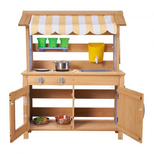 Mud Kitchen, Outdoor Mud Kitchen for Kids, Wood Outdoor Play Kitchens with Spoons, Sink, Tank, Sunshade Canopy, Shovels, Cookware Pots and Accessories, Wooden Play Kitchens for Home, Lawn - Cool Brand Designs