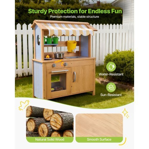 Mud Kitchen, Outdoor Mud Kitchen for Kids, Wood Outdoor Play Kitchens with Spoons, Sink, Tank, Sunshade Canopy, Shovels, Cookware Pots and Accessories, Wooden Play Kitchens for Home, Lawn - Cool Brand Designs
