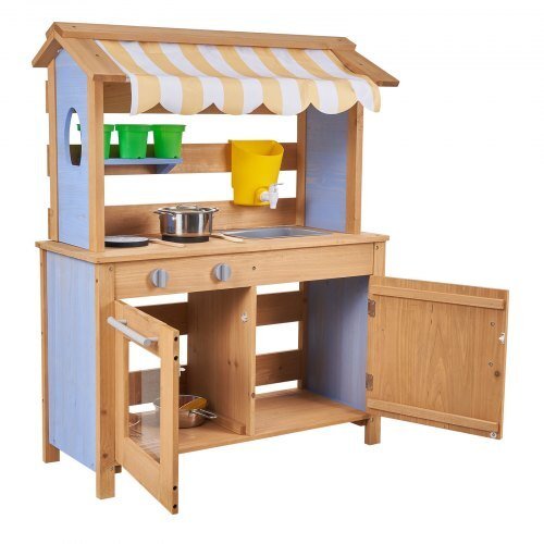Mud Kitchen, Outdoor Mud Kitchen for Kids, Wood Outdoor Play Kitchens with Spoons, Sink, Tank, Sunshade Canopy, Shovels, Cookware Pots and Accessories, Wooden Play Kitchens for Home, Lawn - Cool Brand Designs