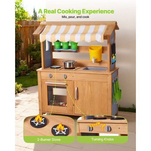 Mud Kitchen, Outdoor Mud Kitchen for Kids, Wood Outdoor Play Kitchens with Spoons, Sink, Tank, Sunshade Canopy, Shovels, Cookware Pots and Accessories, Wooden Play Kitchens for Home, Lawn - Cool Brand Designs