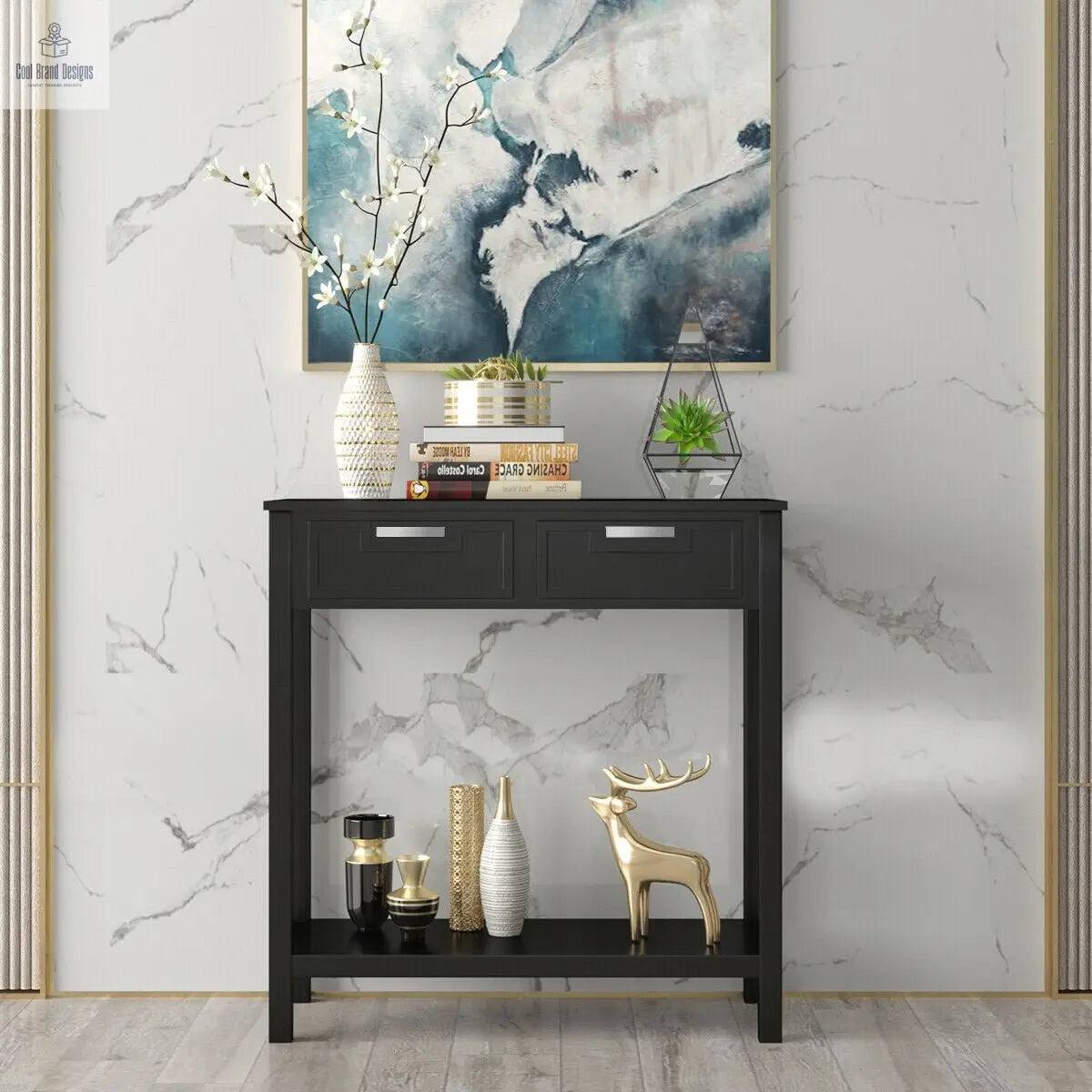 Narrow Console Table with Drawers and Open Storage Shelf - Black - Color: Black - Cool Brand Designs