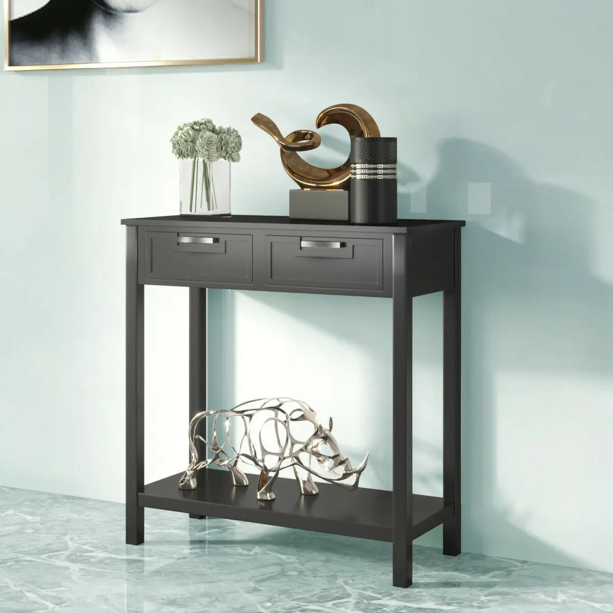 Narrow Console Table with Drawers and Open Storage Shelf - Black - Color: Black - Cool Brand Designs