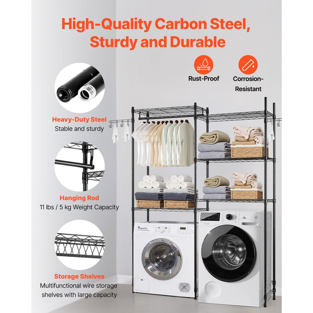Over Washer and Dryer Storage Shelves, 5 Tiers Laundry Room Drying Rack with Hanger Rod and Hooks, Two Rows Adjustable Washer Shelves Space Saver, for Laundry Room Storage & Organization, Black - Cool Brand Designs