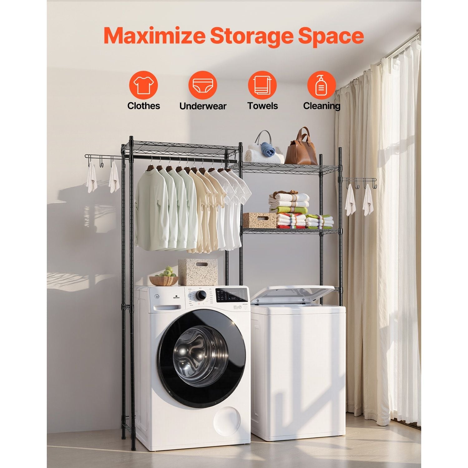 Over Washer and Dryer Storage Shelves, 5 Tiers Laundry Room Drying Rack with Hanger Rod and Hooks, Two Rows Adjustable Washer Shelves Space Saver, for Laundry Room Storage & Organization, Black - Cool Brand Designs