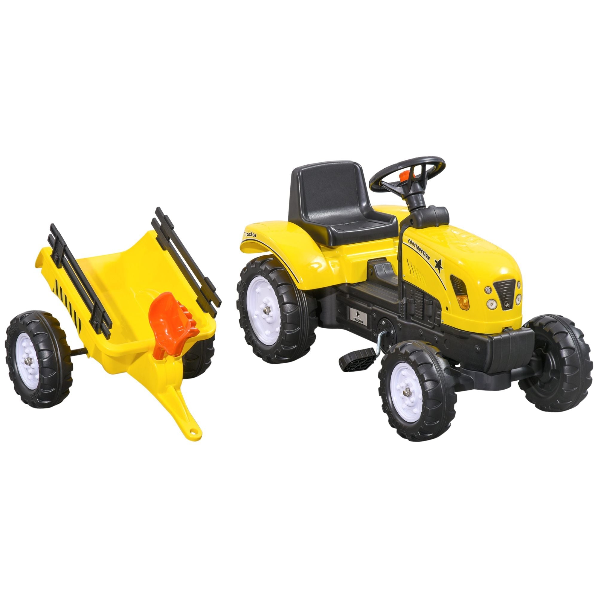 Pedal Go Kart for Kids, Ride-On Tractor with Back Trailer, Shovel & Rake, Fun Yellow, for 3+ Years - Cool Brand Designs