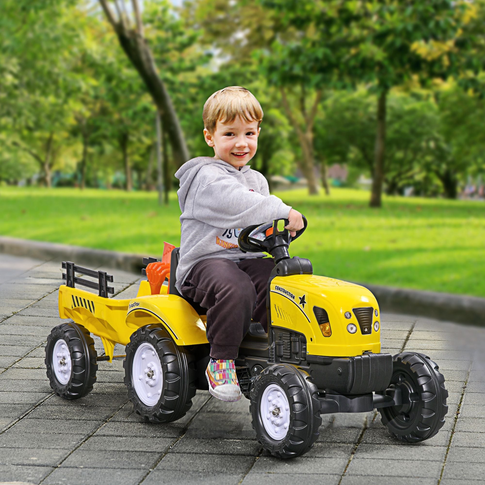 Pedal Go Kart for Kids, Ride-On Tractor with Back Trailer, Shovel & Rake, Fun Yellow, for 3+ Years - Cool Brand Designs