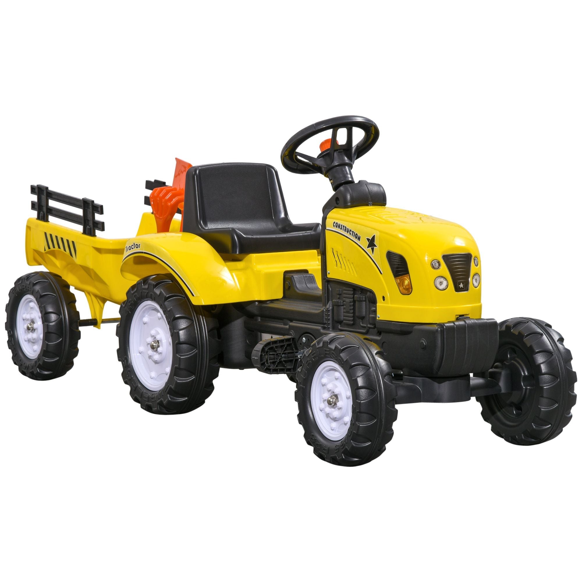 Pedal Go Kart for Kids, Ride-On Tractor with Back Trailer, Shovel & Rake, Fun Yellow, for 3+ Years - Cool Brand Designs