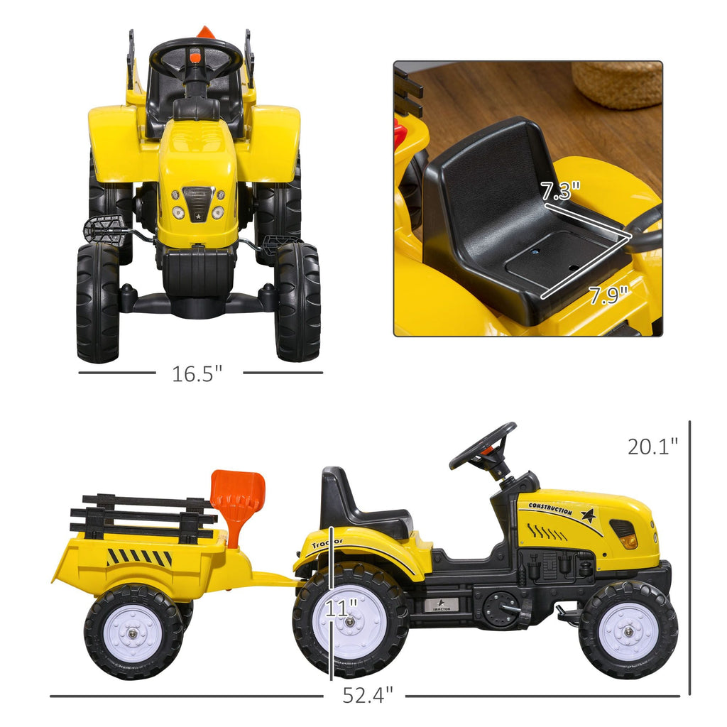 Pedal Go Kart for Kids, Ride-On Tractor with Back Trailer, Shovel & Rake, Fun Yellow, for 3+ Years - Cool Brand Designs