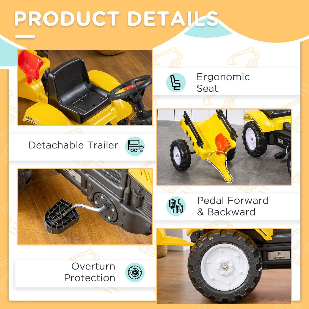 Pedal Go Kart for Kids, Ride-On Tractor with Back Trailer, Shovel & Rake, Fun Yellow, for 3+ Years - Cool Brand Designs