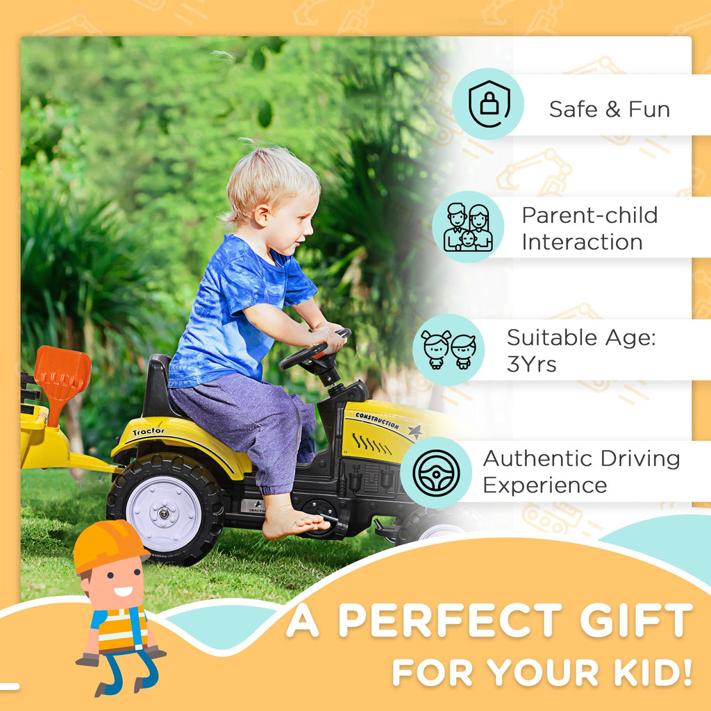 Pedal Go Kart for Kids, Ride-On Tractor with Back Trailer, Shovel & Rake, Fun Yellow, for 3+ Years - Cool Brand Designs