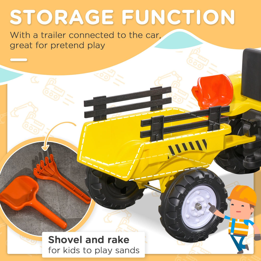 Pedal Go Kart for Kids, Ride-On Tractor with Back Trailer, Shovel & Rake, Fun Yellow, for 3+ Years - Cool Brand Designs