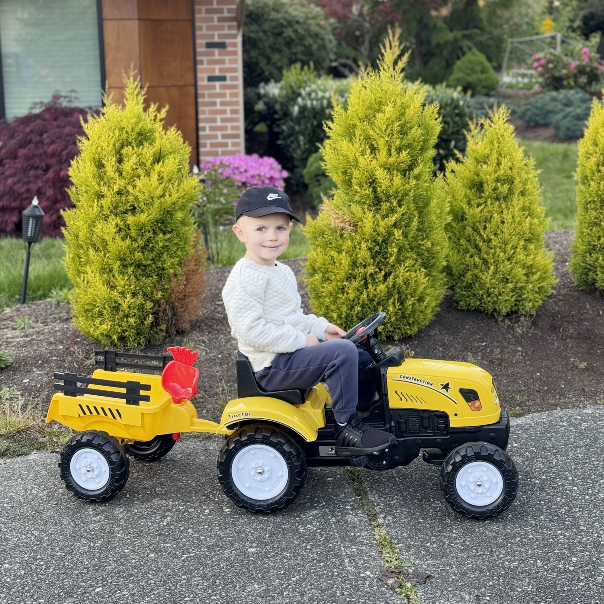 Pedal Go Kart for Kids, Ride-On Tractor with Back Trailer, Shovel & Rake, Fun Yellow, for 3+ Years - Cool Brand Designs