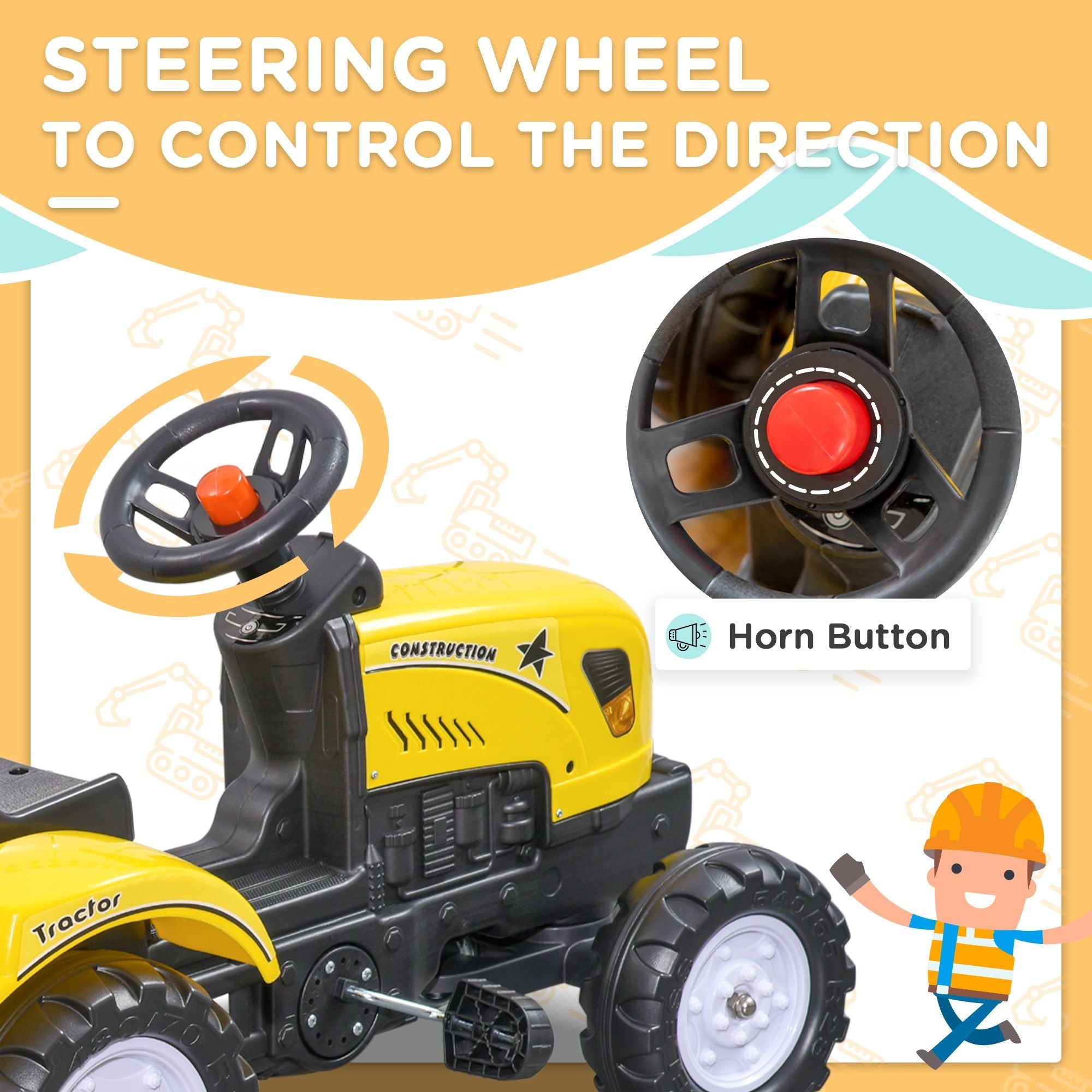 Pedal Go Kart for Kids, Ride-On Tractor with Back Trailer, Shovel & Rake, Fun Yellow, for 3+ Years - Cool Brand Designs