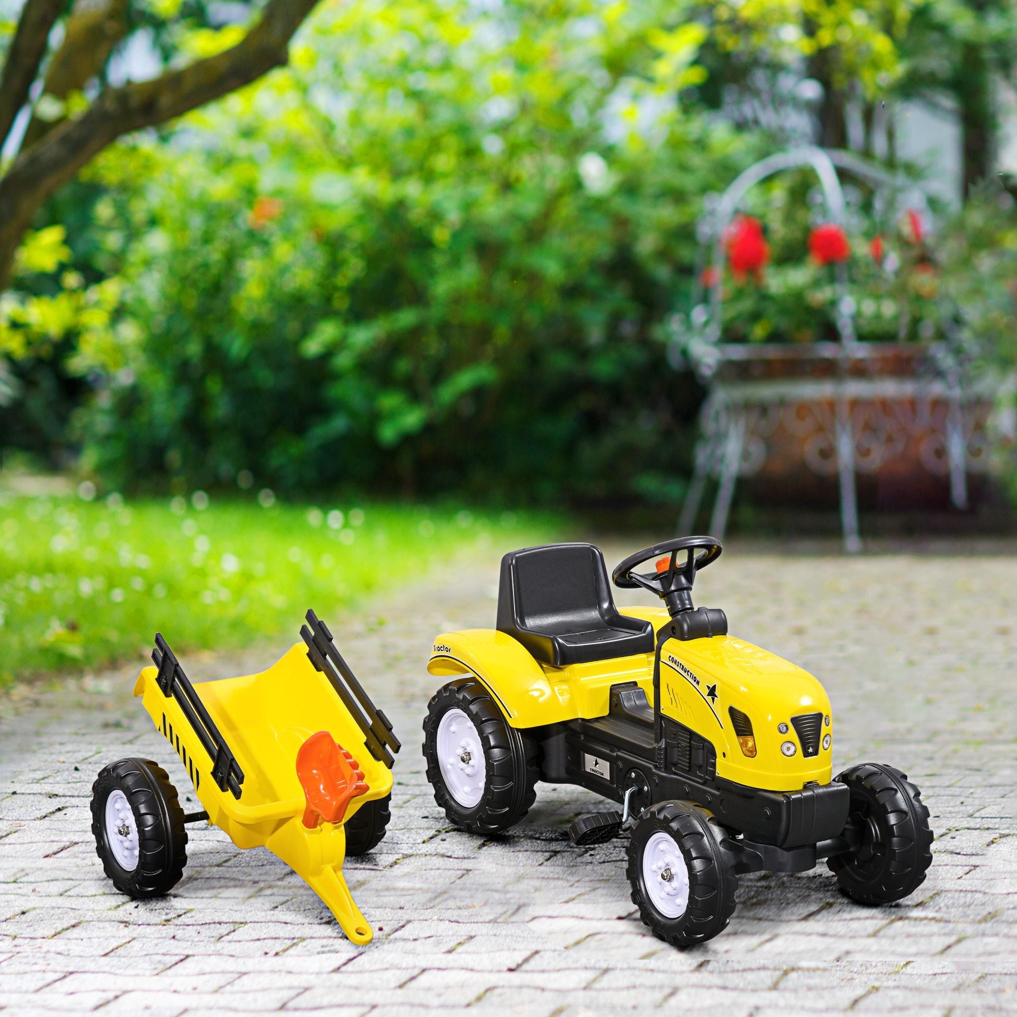 Pedal Go Kart for Kids, Ride-On Tractor with Back Trailer, Shovel & Rake, Fun Yellow, for 3+ Years - Cool Brand Designs