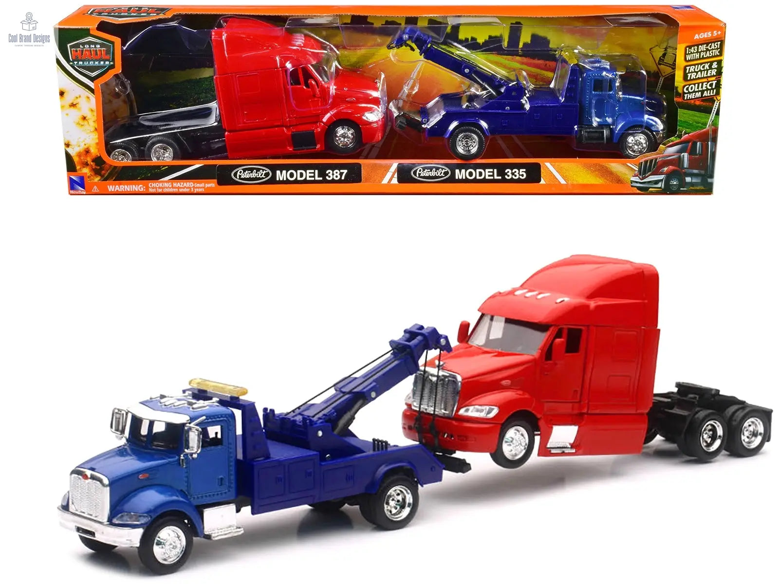 Peterbilt Model 335 Tow Truck Blue and Peterbilt Model 387 Cab Red Set of 2 Pieces 1/43 by New Ray New Ray