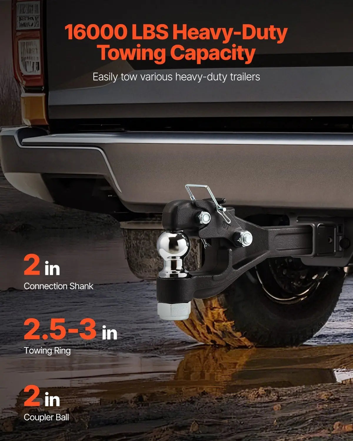 Pintle Hook, 16000 lbs Towing Capacity, Pintle Hook Hitch for 2 - inch Hitch Hook Military Receiver, Combination 2 - inch Hitch Ball, Fits 2.5 to 3 - inch Lunette Ring, Black Powder Coat, for Trailers - Cool Brand Designs