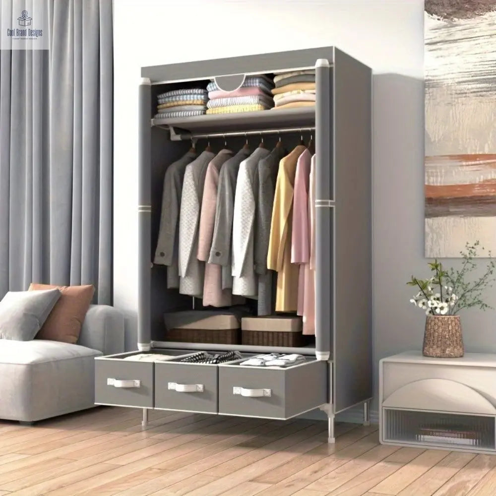 Portable Clothes Closet Rolling Door Wardrobe with Hanging Rack Non-Woven Fabric Storage Organizer with Three Drawer Boxes No-Tool Assembly - 67in*35.4in*17.7in(Gray) - Cool Brand Designs