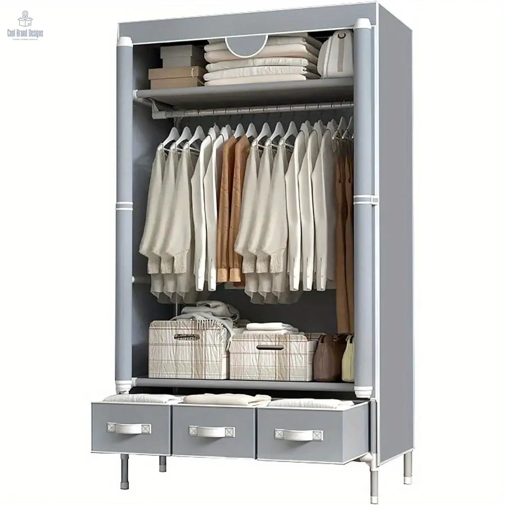 Portable Clothes Closet Rolling Door Wardrobe with Hanging Rack Non-Woven Fabric Storage Organizer with Three Drawer Boxes No-Tool Assembly - 67in*35.4in*17.7in(Gray) - Cool Brand Designs