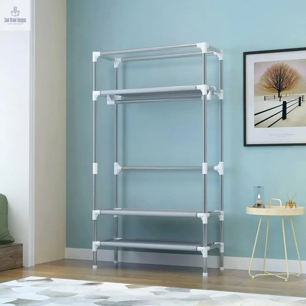 Portable Clothes Closet Rolling Door Wardrobe with Hanging Rack Non-Woven Fabric Storage Organizer with Three Drawer Boxes No-Tool Assembly - 67in*35.4in*17.7in(Gray) - Cool Brand Designs