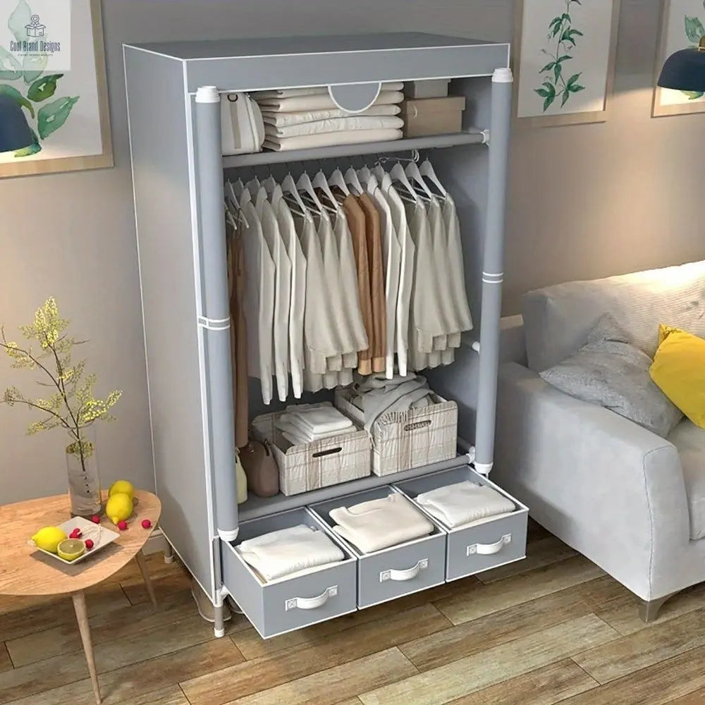 Portable Clothes Closet Rolling Door Wardrobe with Hanging Rack Non-Woven Fabric Storage Organizer with Three Drawer Boxes No-Tool Assembly - 67in*35.4in*17.7in(Gray) - Cool Brand Designs