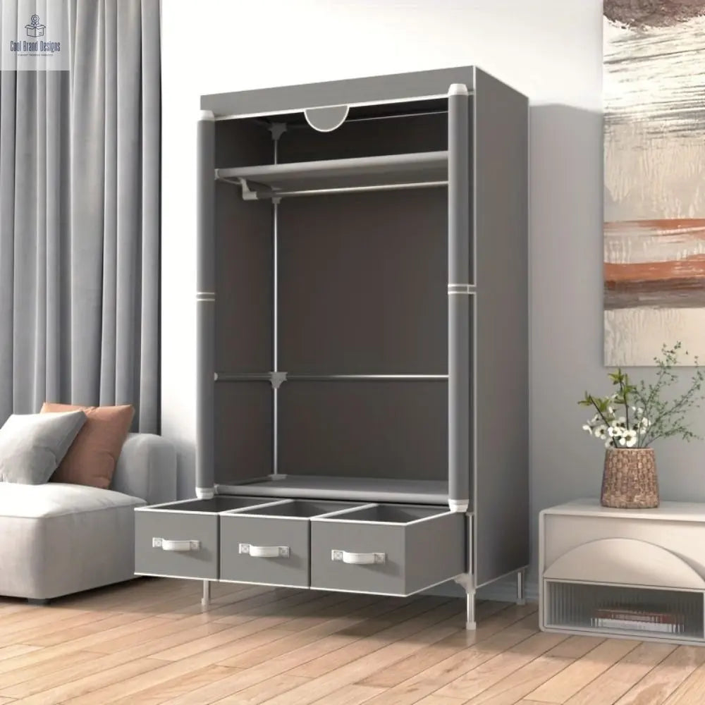 Portable Clothes Closet Rolling Door Wardrobe with Hanging Rack Non-Woven Fabric Storage Organizer with Three Drawer Boxes No-Tool Assembly - 67in*35.4in*17.7in(Gray) - Cool Brand Designs