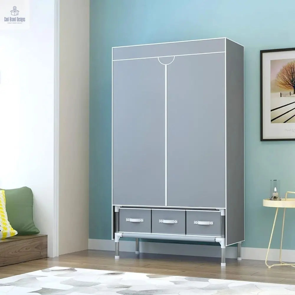 Portable Clothes Closet Rolling Door Wardrobe with Hanging Rack Non-Woven Fabric Storage Organizer with Three Drawer Boxes No-Tool Assembly - 67in*35.4in*17.7in(Gray) - Cool Brand Designs