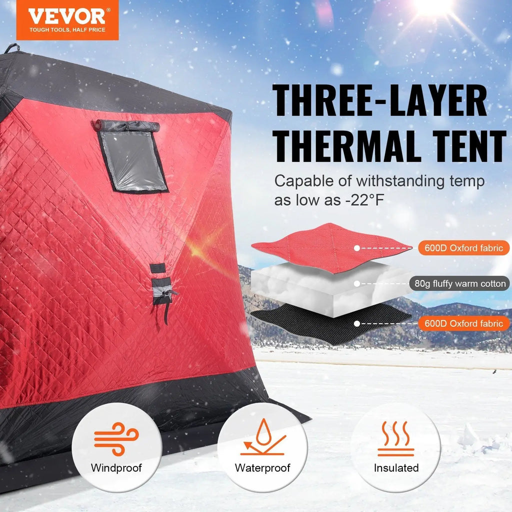 Portable Ice Shelter, 4 - 6 Person Insulated Pop - Up Ice Fishing Tent, 50 Square Feet Fishable Area, Thermal Ice Shanty for Winter Fishing, Ice Cube with Anchors, Ropes, Carrying Bag, 130"x130" - Cool Brand Designs
