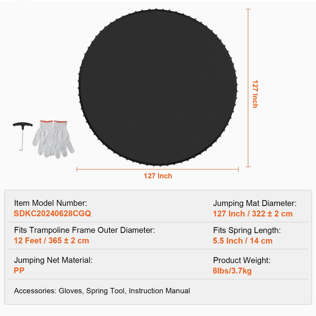 Replacement Trampoline Mat, Jumping Mat Fits 12ft Frame, Universal Jumping Mat for 12ft Round Trampoline, Reinforce UV-Resistant Mat with Spring Tool & Durable V-Rings, Fit 5.5" Spring Length - Cool Brand Designs