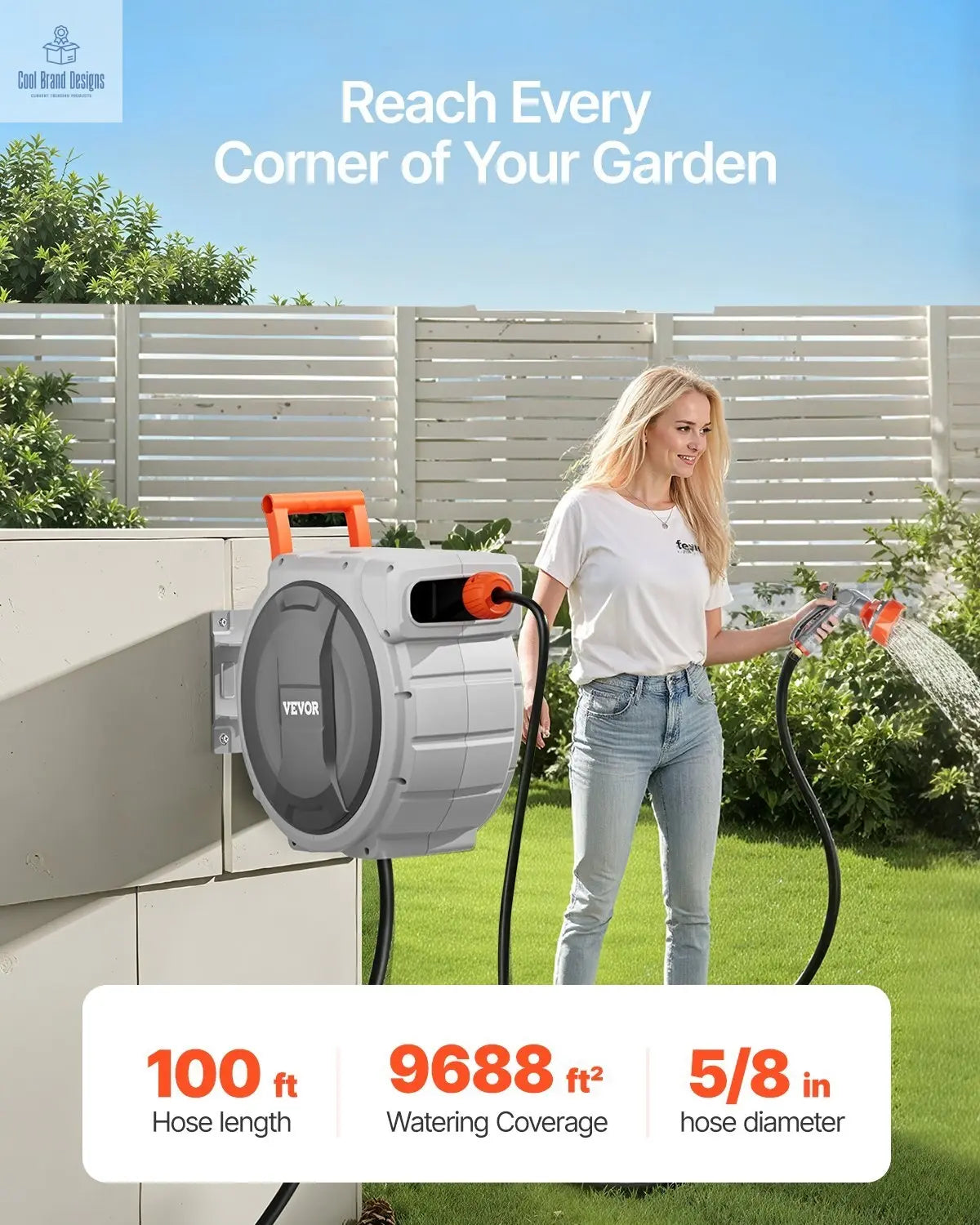 Retractable Garden Hose Reel, 5/8 Inch x 100 ft Wall Mounted Hose Reel, Heavy Duty Garden Hose Reel with 9 Patterns Nozzle, Any Length Lock, Upgraded Slow Return System and 180?Swivel Bracket VEVOR