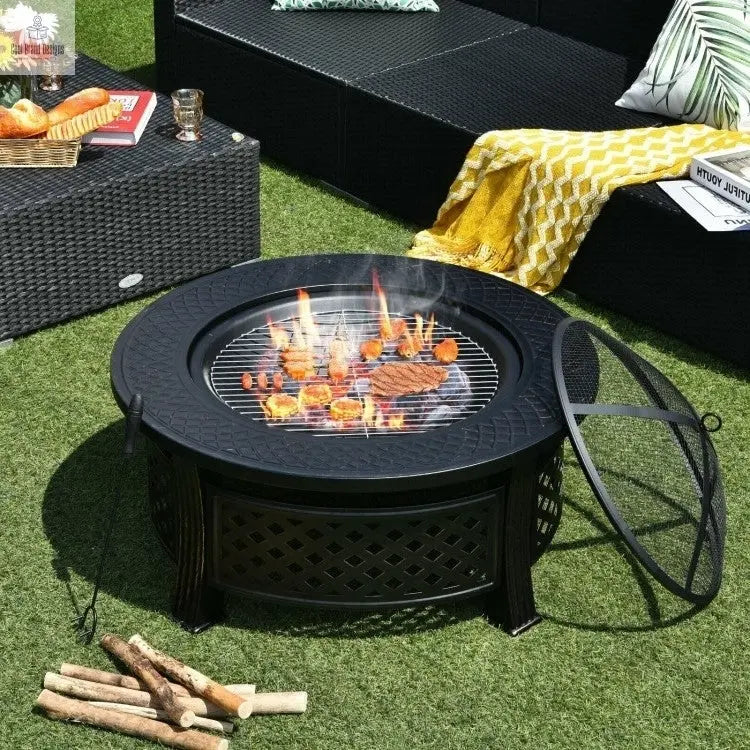 Rustic Steel Outdoor Fire Pit with BBQ Grill with Poker and Mesh Cover Cool Brand Designs