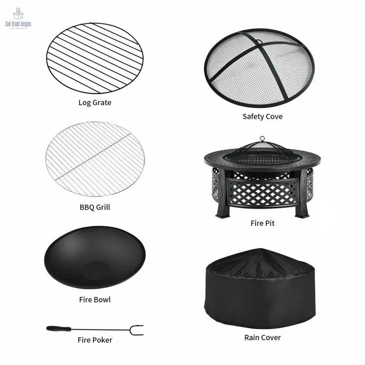 Rustic Steel Outdoor Fire Pit with BBQ Grill with Poker and Mesh Cover Cool Brand Designs