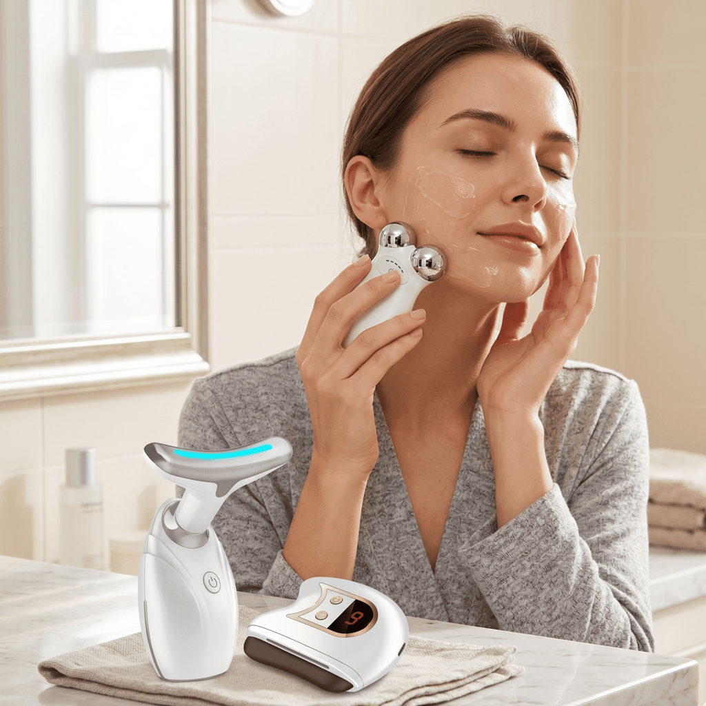 Set of 3- Lift, Sculpt and Glow Toolkit - LED Therapy, Electric Gua Sha and Microcurrent Toning Device for Radiant Skin - At-Home Facial Massager, Anti-Aging Beauty Set - Cool Brand Designs