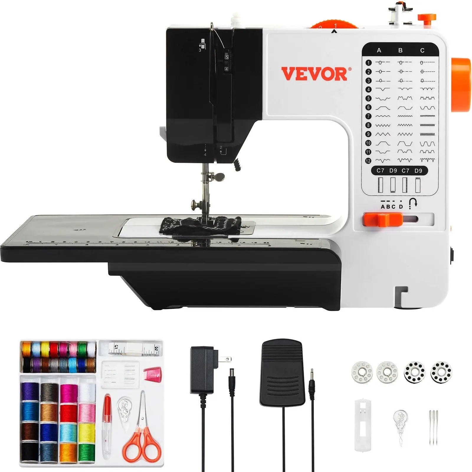 Sewing Machine, Portable Sewing Machine for Beginners with 38 Built-in Stitches & Reverse Sewing, Dual Speed Sewing Machine with Extension Table Foot Pedal, Accessory Kit Family Home Travel VEVOR