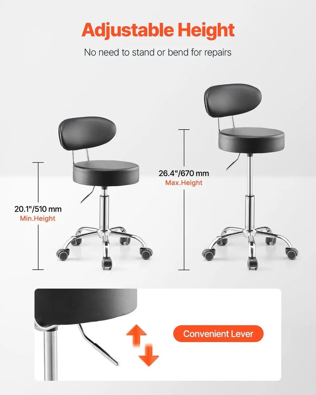 Shop Stool with Backrest, Pneumatic Garage Seat/Work Stool with Wheels, 300 lbs Load - Cool Brand Designs