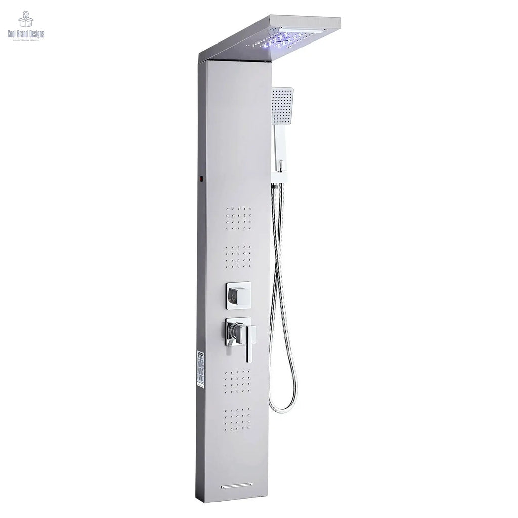 Shower Panel Tower System with Rainfall Waterfall Shower Head, LED, 53 in Brushed Stainless Steel Shower Column, 5-Function Faucet, Wall-Mount Rain Massage System, with Handheld and Tub Spout VEVOR