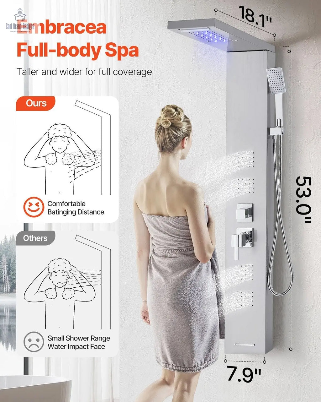 Shower Panel Tower System with Rainfall Waterfall Shower Head, LED, 53 in Brushed Stainless Steel Shower Column, 5-Function Faucet, Wall-Mount Rain Massage System, with Handheld and Tub Spout VEVOR