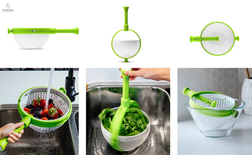 Spina | Easy-To-Use Salad Spinner | Non-Scratch, Nylon Spinning Colander | Lettuce Spinner | Colander with Collapsible Handle | Green - Cool Brand Designs