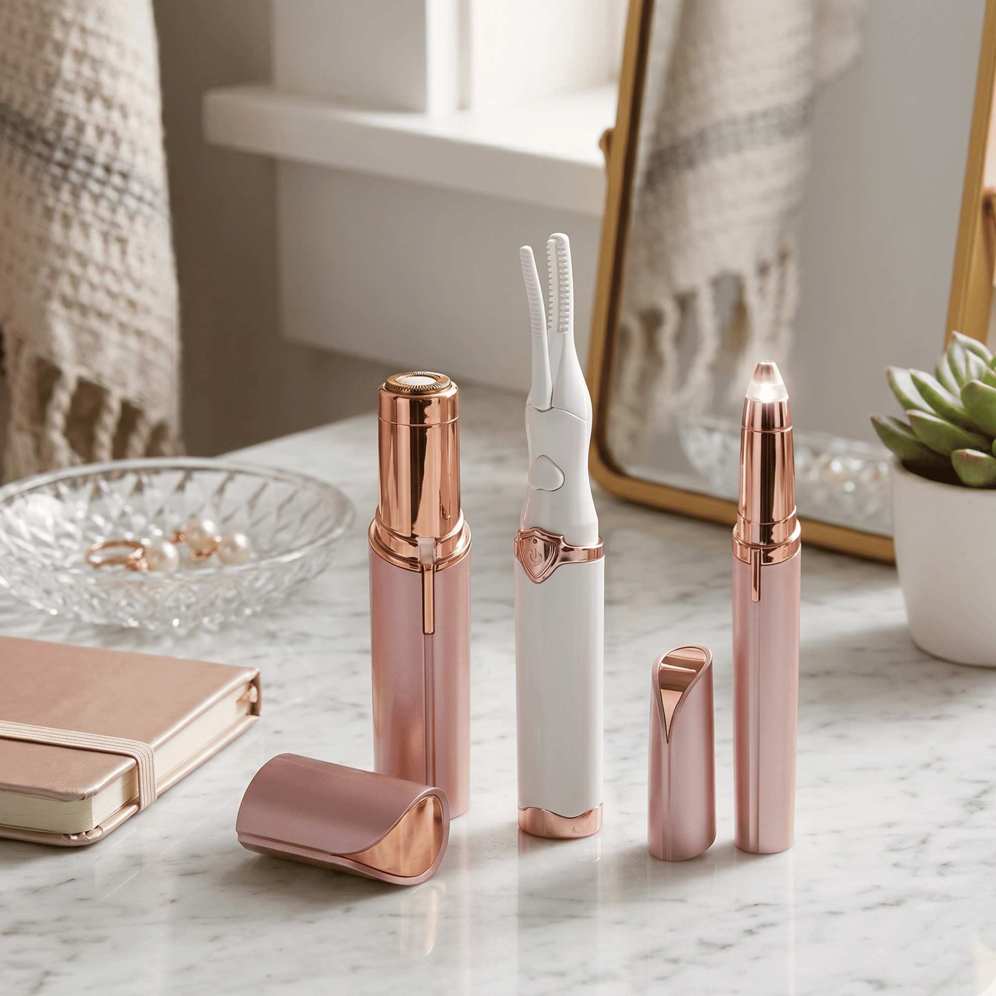 The Effortless Beauty Kit 3-in-1 Painless Facial Hair Remover, Precision Electric Eyebrow Trimmer & Rechargeable Heated Eyelash Curler Grooming Set for Smooth Skin and Long-Lasting Curled Lashes - Cool Brand Designs