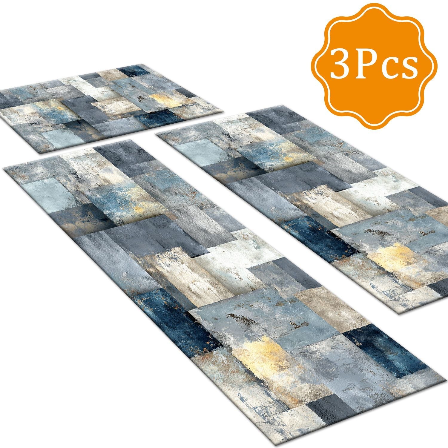 Three-piece kitchen rug set, non-slip and washable, abstract pattern kitchen hallway rug, soft and comfortable, suitable for sinks, floors, entrances, hallways and bathrooms. - Cool Brand Designs