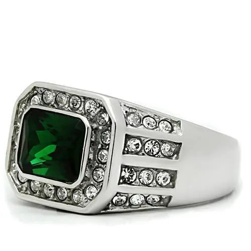 TK495 - High polished (no plating) Stainless Steel Ring with Synthetic Synthetic Glass in Emerald - Cool Brand Designs