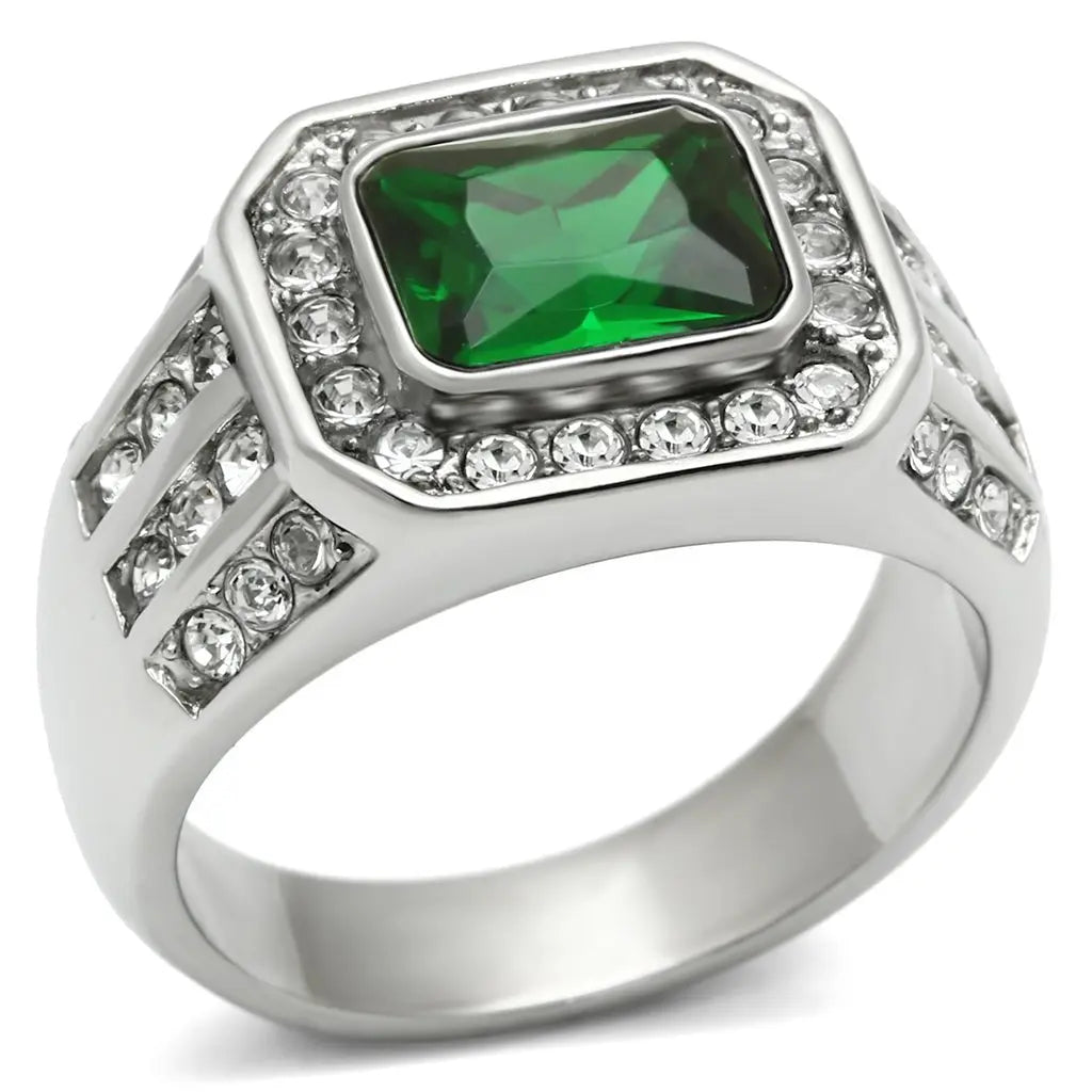 TK495 - High polished (no plating) Stainless Steel Ring with Synthetic Synthetic Glass in Emerald - Cool Brand Designs