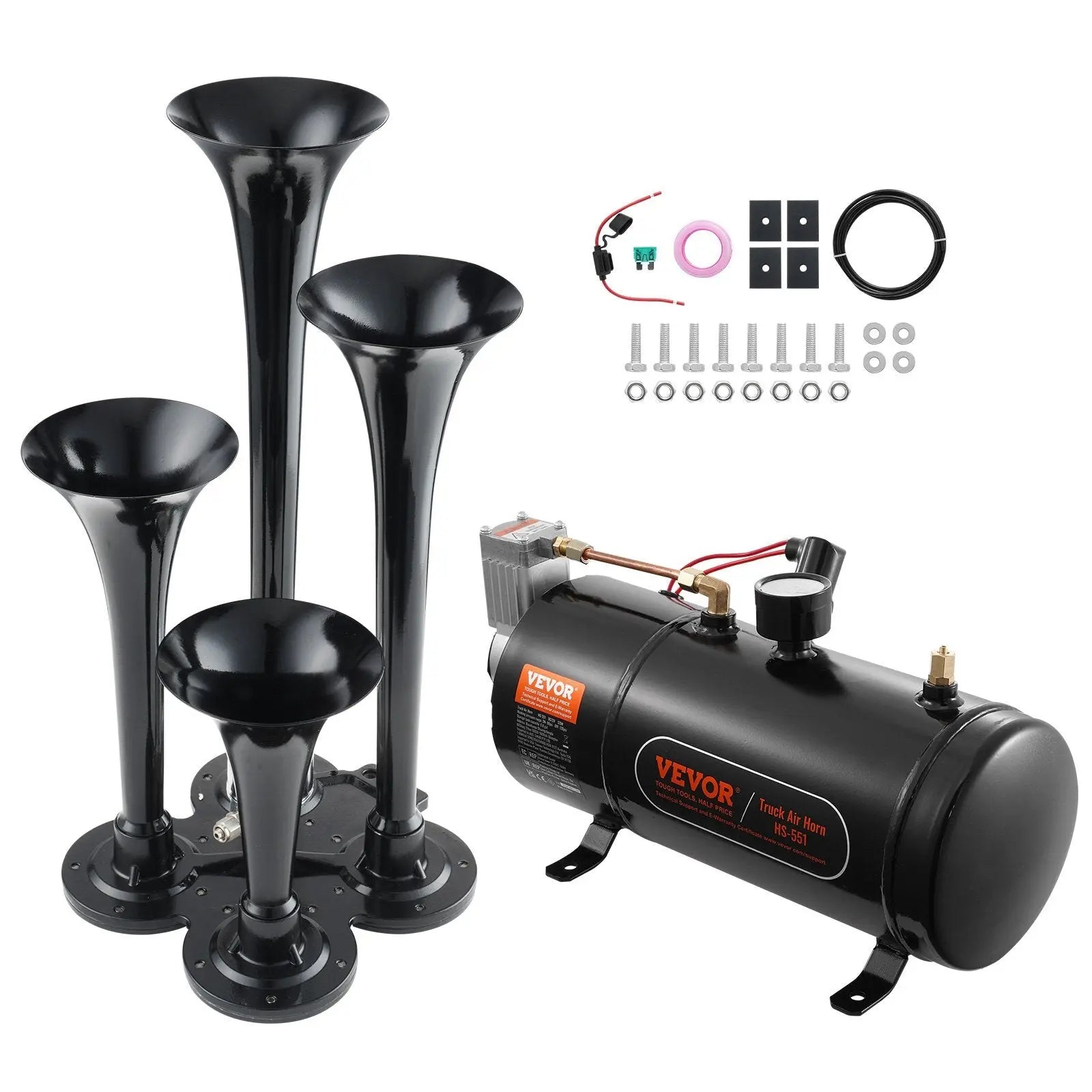 Train Horns Kit, 4 Trumpet Air Horn Kit, 150dB Train Horns for Pickup Trucks, 12V 120 psi Air Compressor 0.8 Gal/3 L Tank with Gauge for Any 12V Vehicle Car Truck Train Van Boat VEVOR