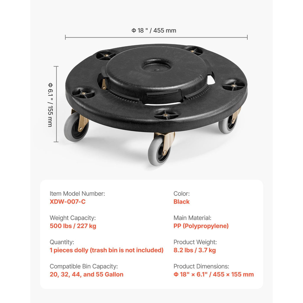 Trash Can Dolly, Fit 20, 32, 44, 55 Gallon Containers, Round Trash Can Roller Base with 4 Lockable Wheels, 500lbs Weight Capacity, Heavy Duty Barrel Dolly, Multi-Functional Rolling Dolly Cart - Cool Brand Designs