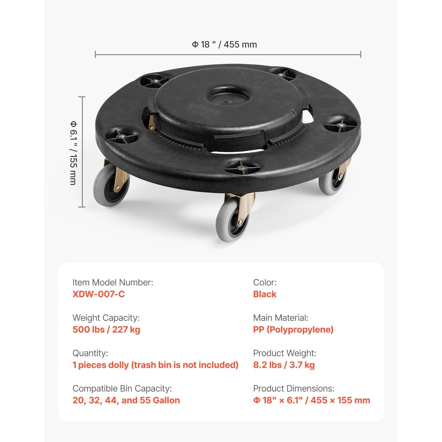 Trash Can Dolly, Fit 20, 32, 44, 55 Gallon Containers, Round Trash Can Roller Base with 4 Lockable Wheels, 500lbs Weight Capacity, Heavy Duty Barrel Dolly, Multi-Functional Rolling Dolly Cart - Cool Brand Designs