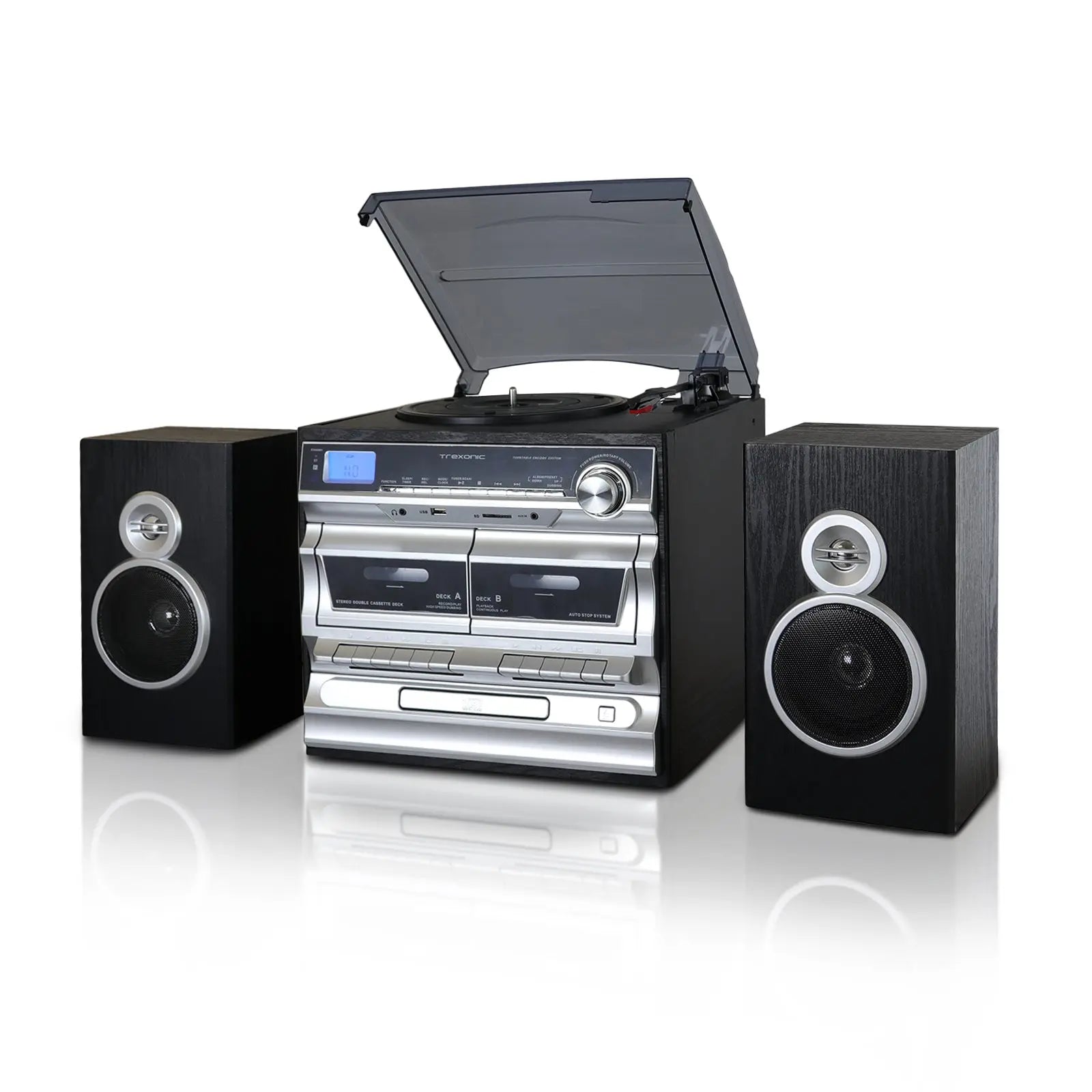 Trexonic 3-Speed Vinyl Turntable  Home Stereo System with CD Player, Double Cassette Player, Bluetooth, FM Radio & USB/SD Recording Trexonic