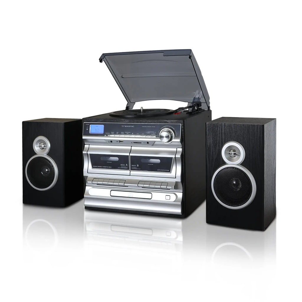 Trexonic 3-Speed Vinyl Turntable  Home Stereo System with CD Player, Double Cassette Player, Bluetooth, FM Radio & USB/SD Recording Trexonic