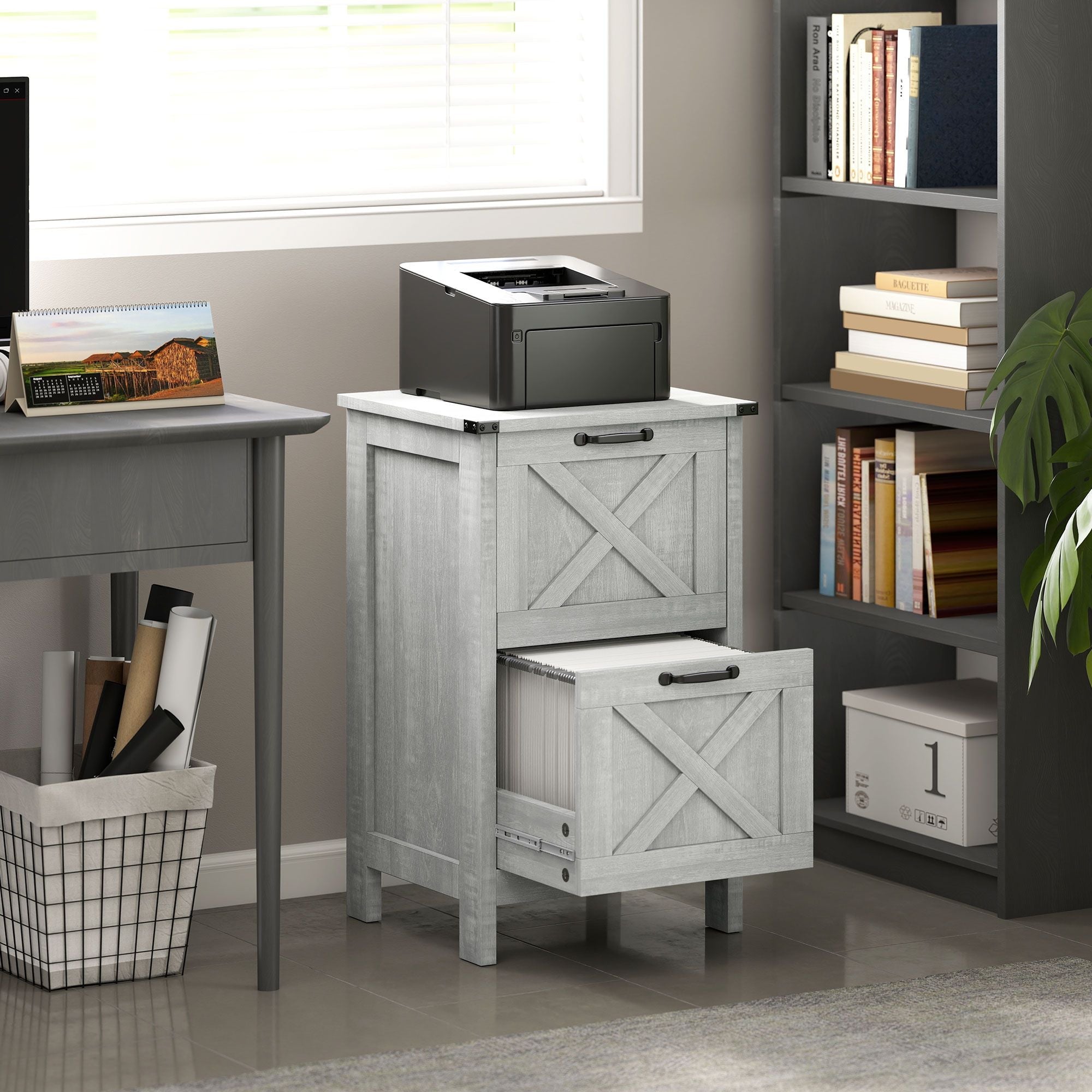 Vertical File Cabinet with 2 Drawers, Rustic Farmhouse Office Storage Cabinet for A4, Letter Size, Distressed Light Gray - Cool Brand Designs
