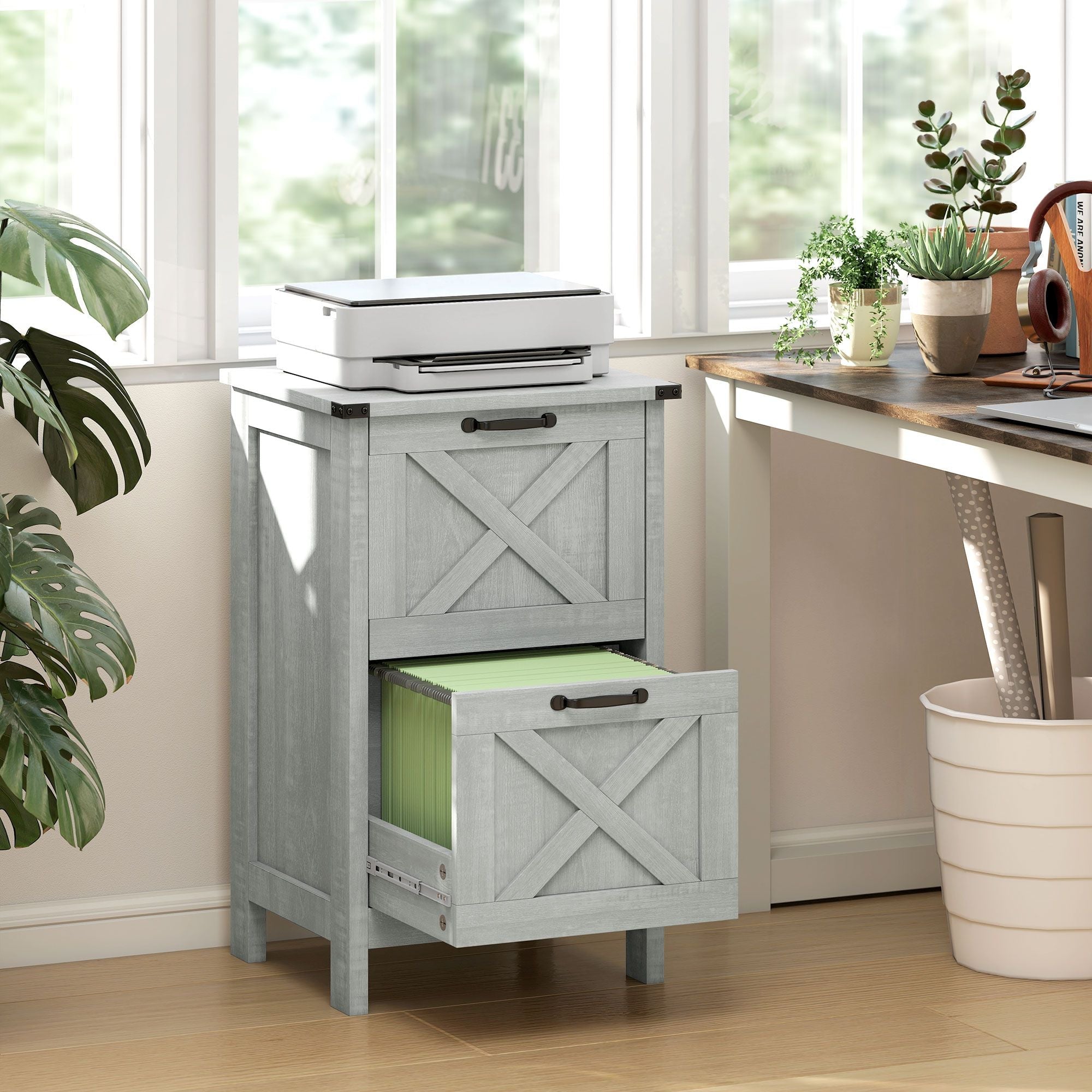 Vertical File Cabinet with 2 Drawers, Rustic Farmhouse Office Storage Cabinet for A4, Letter Size, Distressed Light Gray - Cool Brand Designs