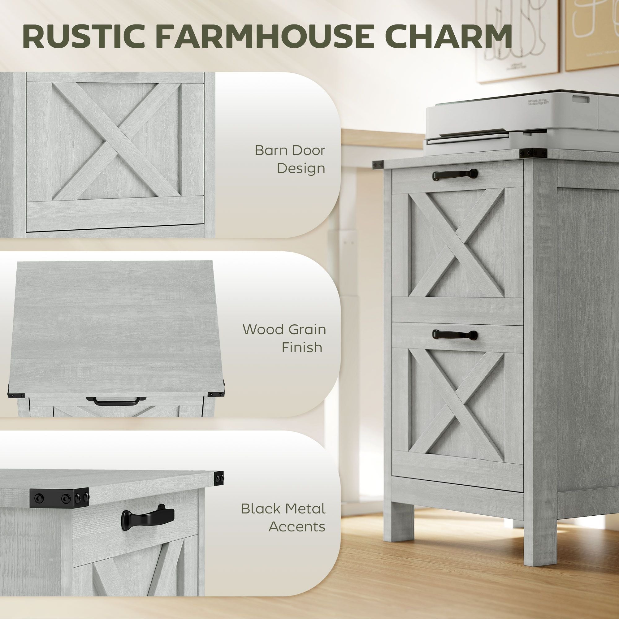 Vertical File Cabinet with 2 Drawers, Rustic Farmhouse Office Storage Cabinet for A4, Letter Size, Distressed Light Gray - Cool Brand Designs